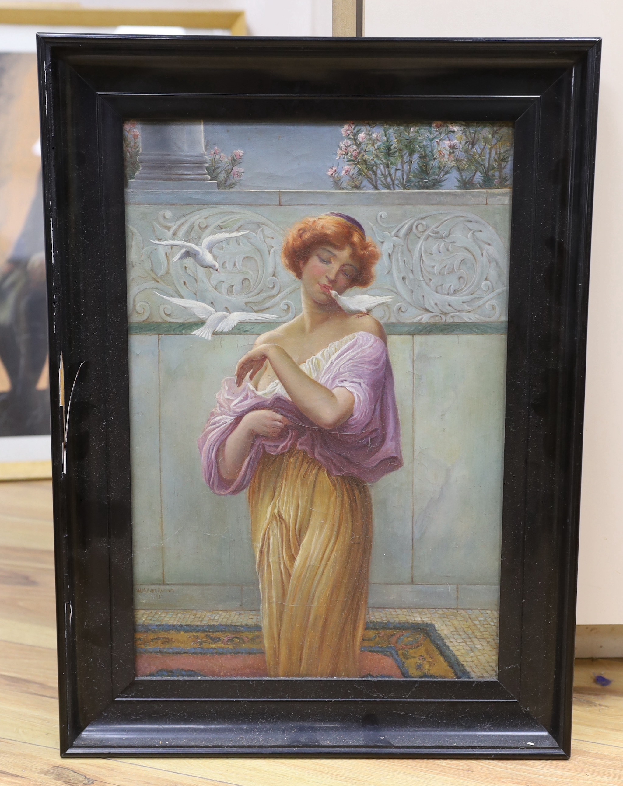 W. Milner Knight (d.1961), oil on canvas, Classical beauty with doves, signed and dated 1927, 44 x 30cm